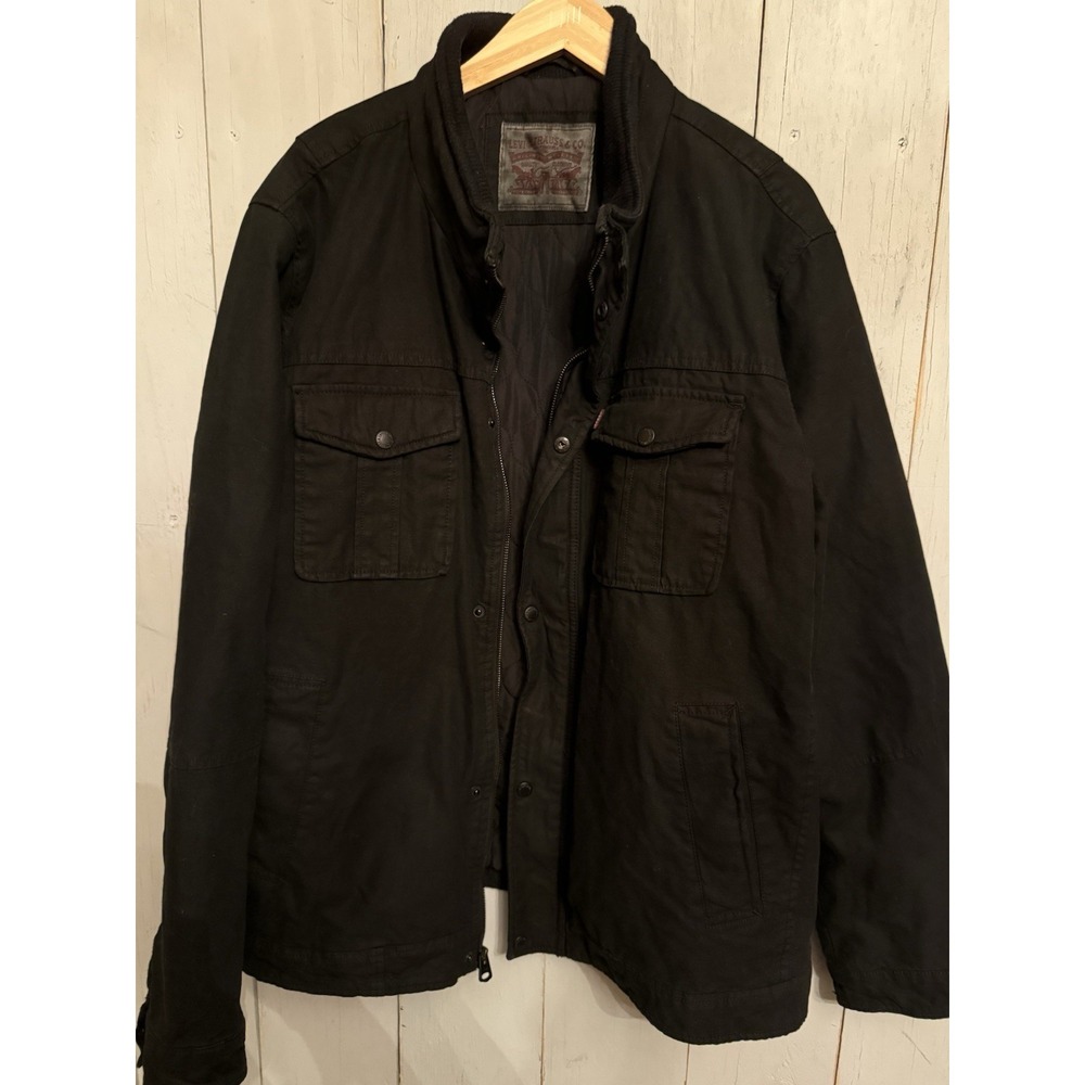 Levis Jacket Mens XXL Distress Black Quilted Lined Trucker Full Zip Snap RF